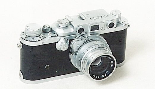 Kardon camera, civilian version, with 47mm f:2 Ektsr lens. Note Contax-style milled focusing w...jpg