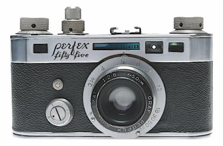 Perfex Fifty-five with 50mm f:2.8 Graf Perfex Anastigmat lens. Note extinction meter above lens.jpg Perfex Fifty-five with 50mm f:2.8 Graf Perfex Anastigmat lens. Note extinction meter above lens.jpg