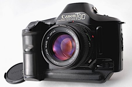 Canon T90 with 50mm f:1.4 Canon  FD lens. Note spiel below logo highlighting its high-tech spe...jpg